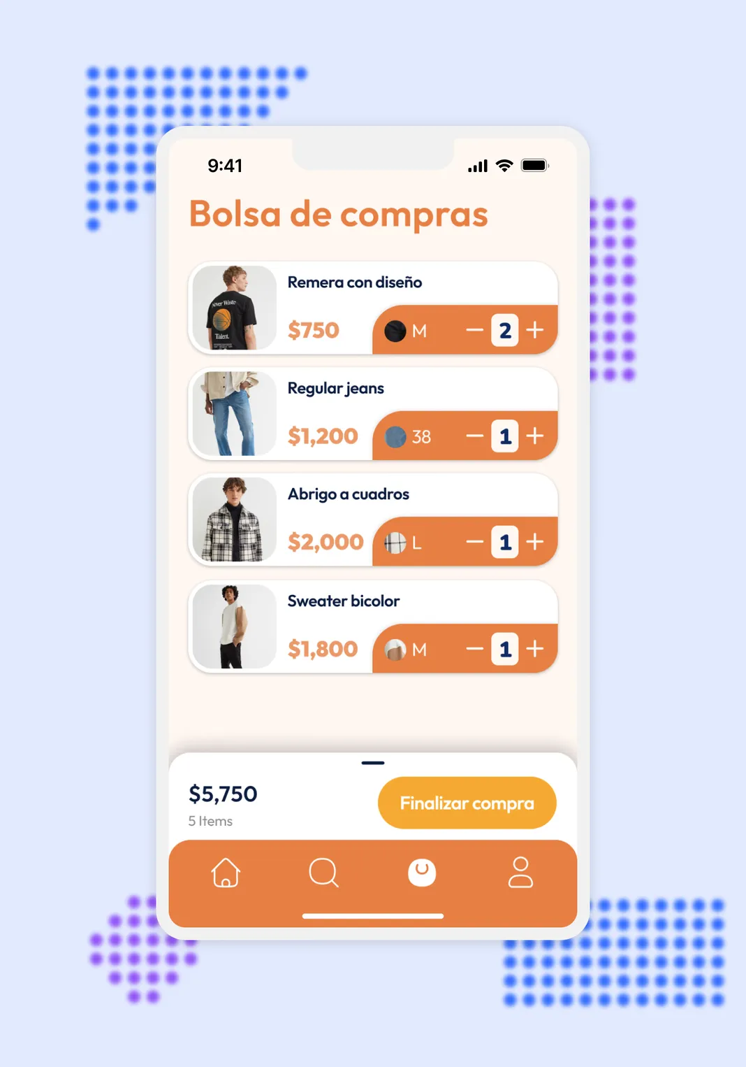 Mockup of the 'Search' section. Showing a search bar, a 'Most Searched' section with a carousel of the most popular products, and 'Categories'. allowing access to them.