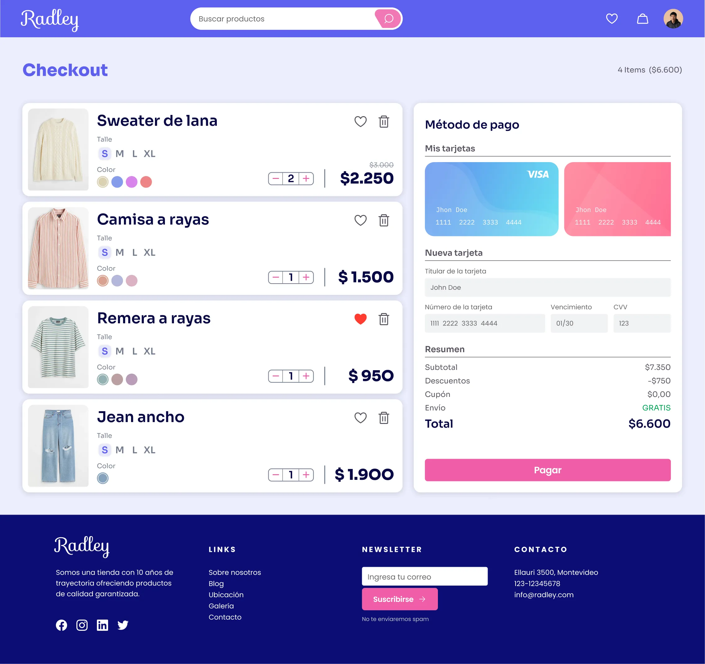 Scrollable mockup of 'Checkout Step 1': Order Shipping. Divided into two columns. The first column includes a list of cards for each added product. The second column includes a card with the header 'Order Shipping', a list of saved addresses, a form to add a new address, and a button to continue.