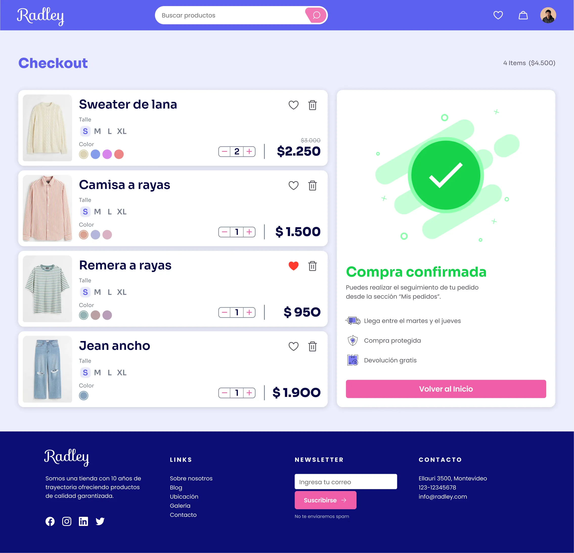 Scrollable mockup of 'Checkout Step 2': Payment Method. Divided into two columns. The first column includes a list of cards for each added product. The second column includes a card with the header 'Payment Method', a list of saved cards, a form to add a new card, and a button to pay and confirm the order.