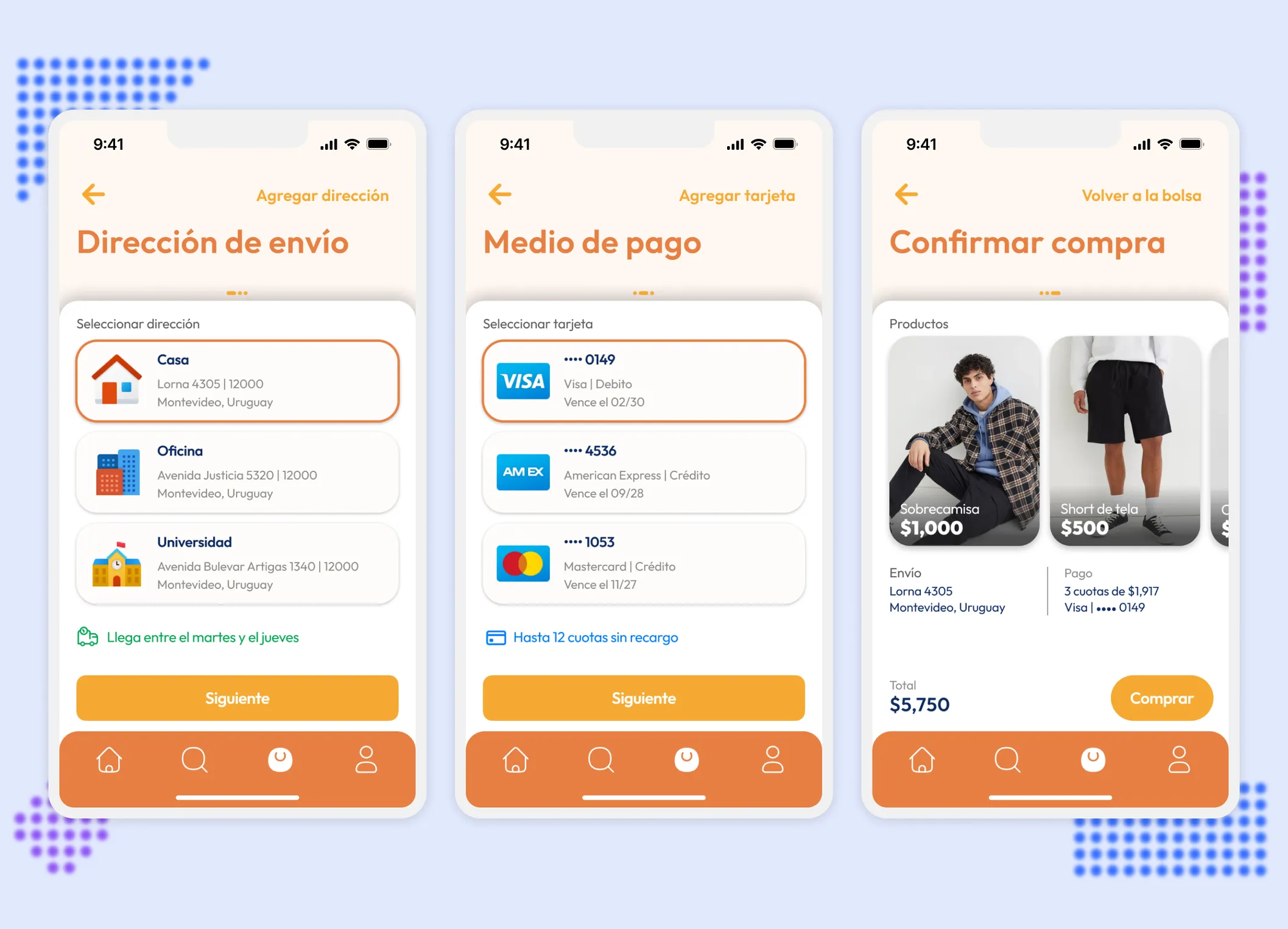 Mockup of the 'Shopping Cart' section. Showing each of the added products with selected color and size, a quantity selector, and the final price of the product. Below, the total purchase amount and a button to proceed with it.