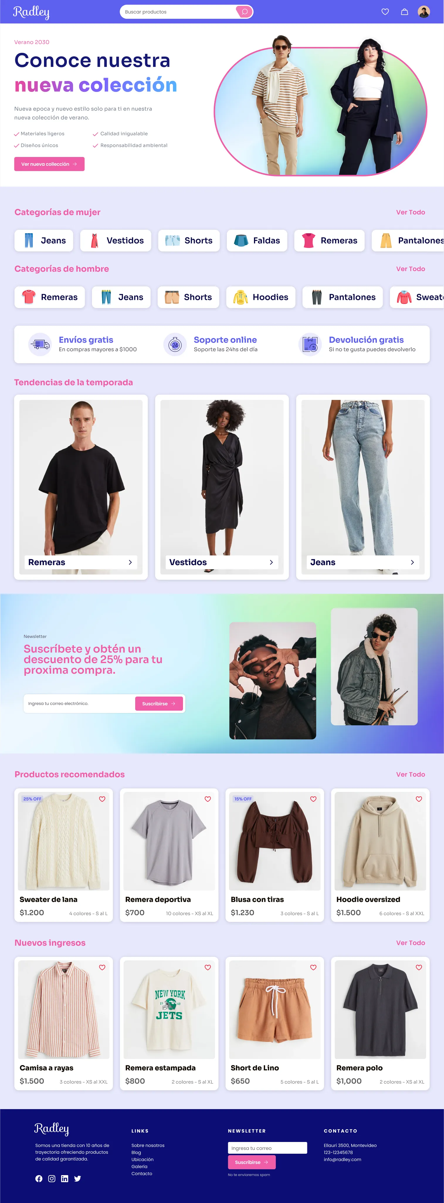 Scrollable mockup of the 'Home' section. Includes a banner promoting the new collection, access to categories, a trends list, newsletter subscription, recommended products, and new arrivals.