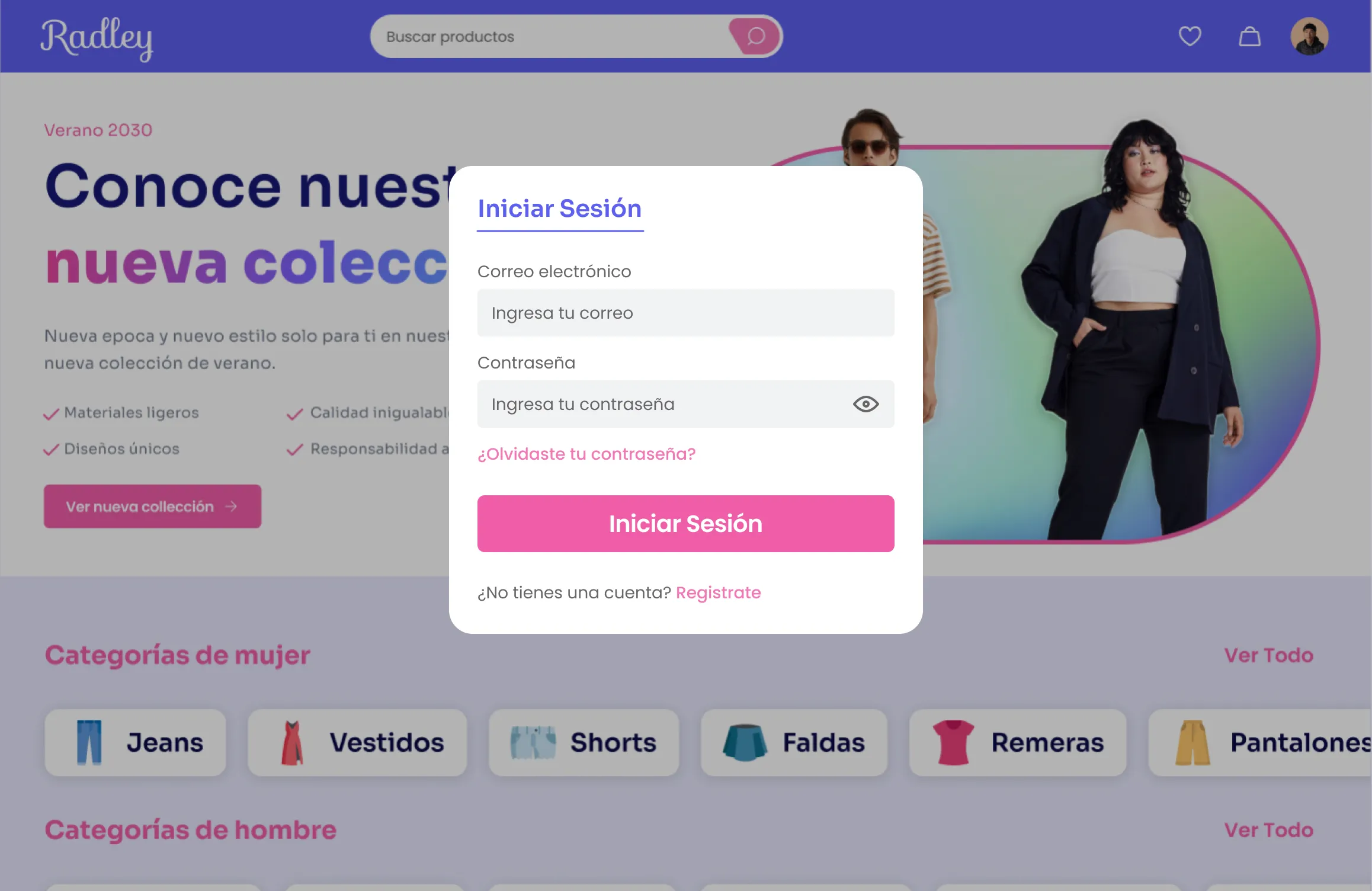 Mockup of the 'Login' section. Consists of a modal with the header 'Login'. Includes text fields for email and password, and finally a button to log in.