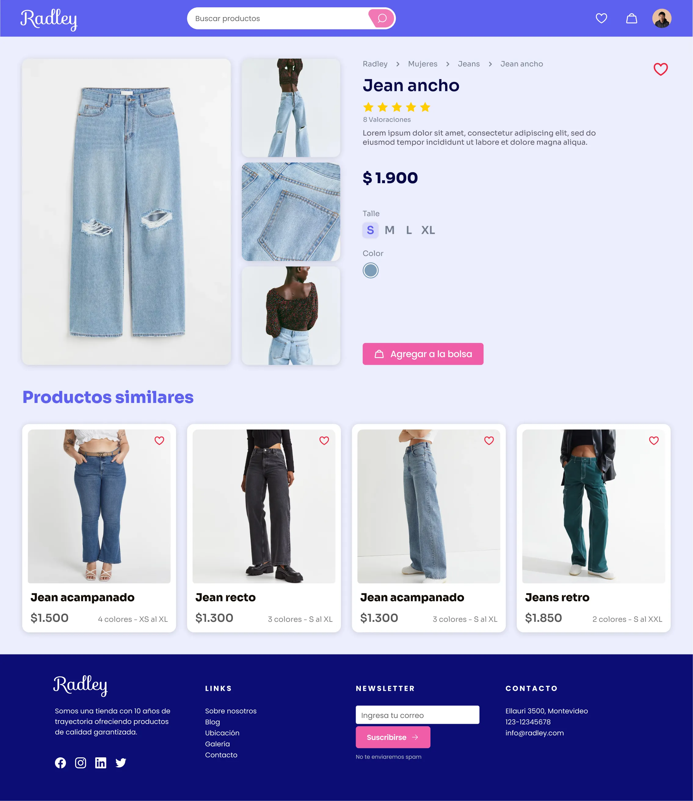 Scrollable mockup of the 'Product' section. Showing product name, images, reviews, colors, sizes, and price. Also includes buttons to add the product to favorites or the shopping bag. At the bottom of the content, it includes a list of similar products to the selected one.