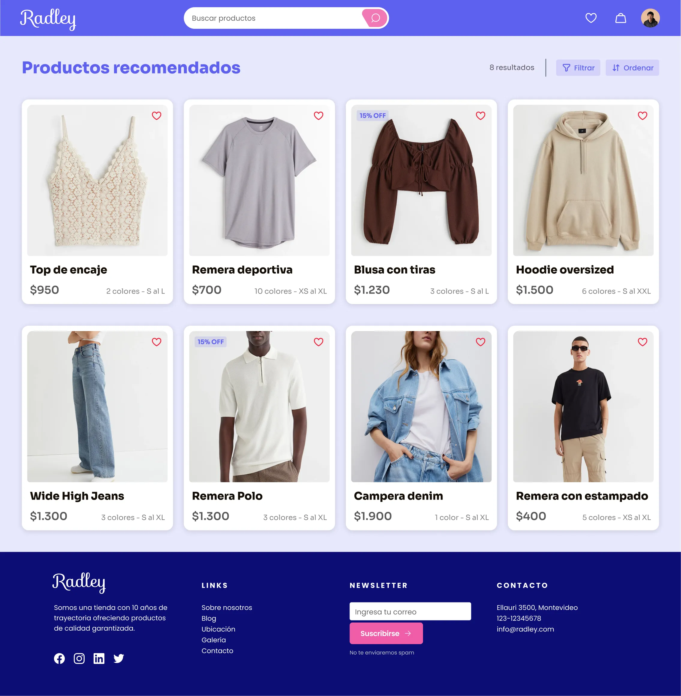 Scrollable mockup of the 'Recommended Products' section. Showing a list with cards of products that the site deems suitable for the user.