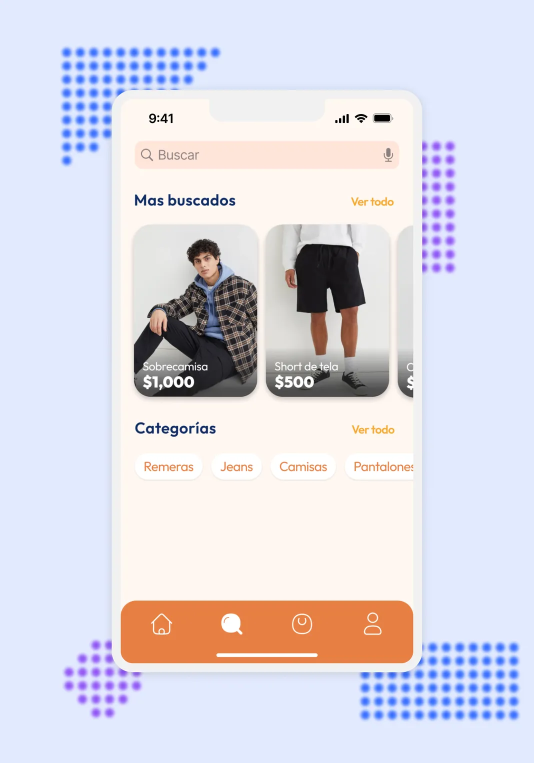 Mockup of the 'Product' section. Showing the name, images, reviews, colors, sizes, and price of the product. It also includes buttons to add the product to favorites or the shopping cart.