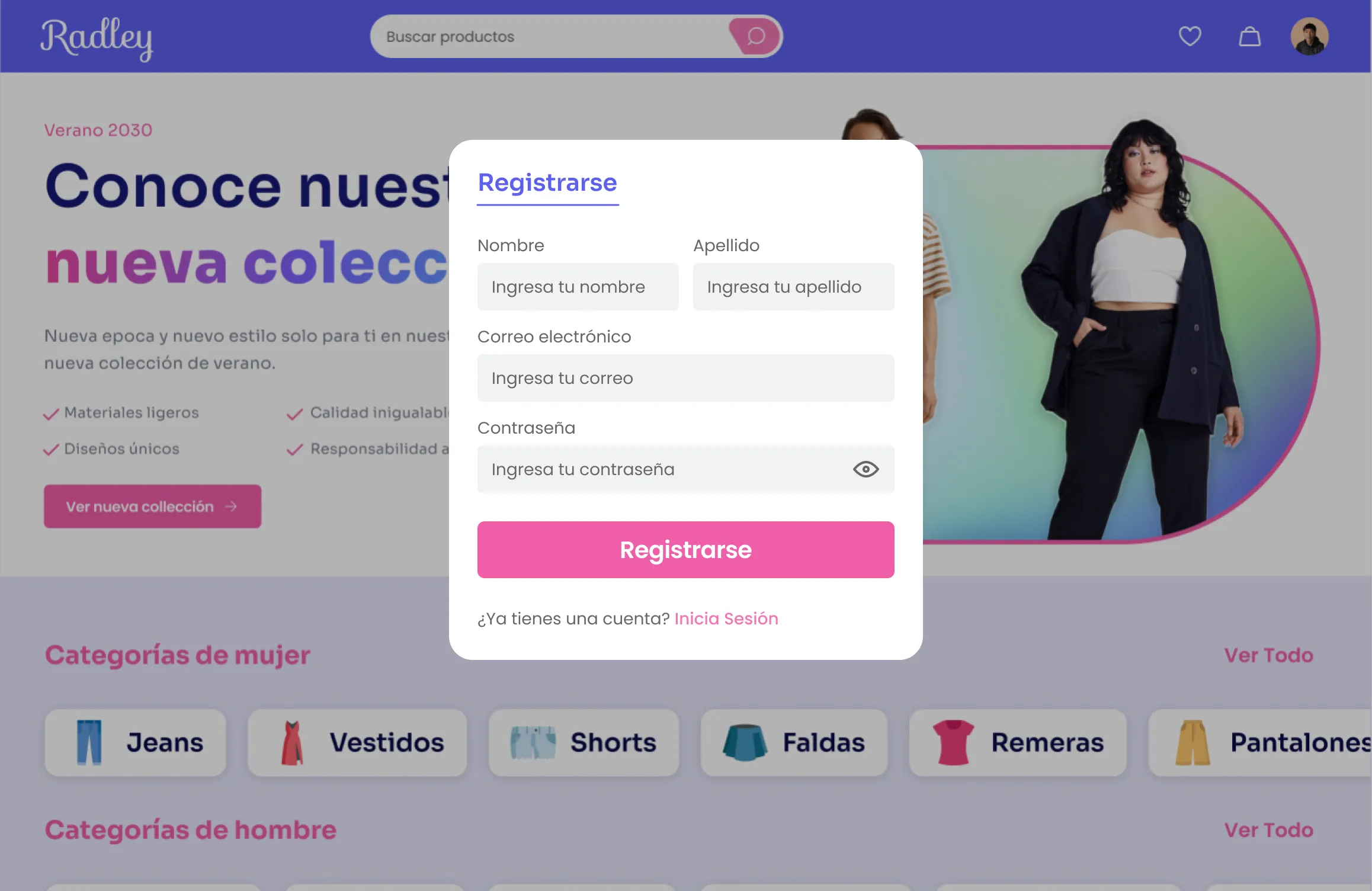 Mockup of the 'Sign Up' section. Consists of a modal with the header 'Sign Up'. Includes text fields to enter first name, last name, email, and password, and finally a button to sign up.
