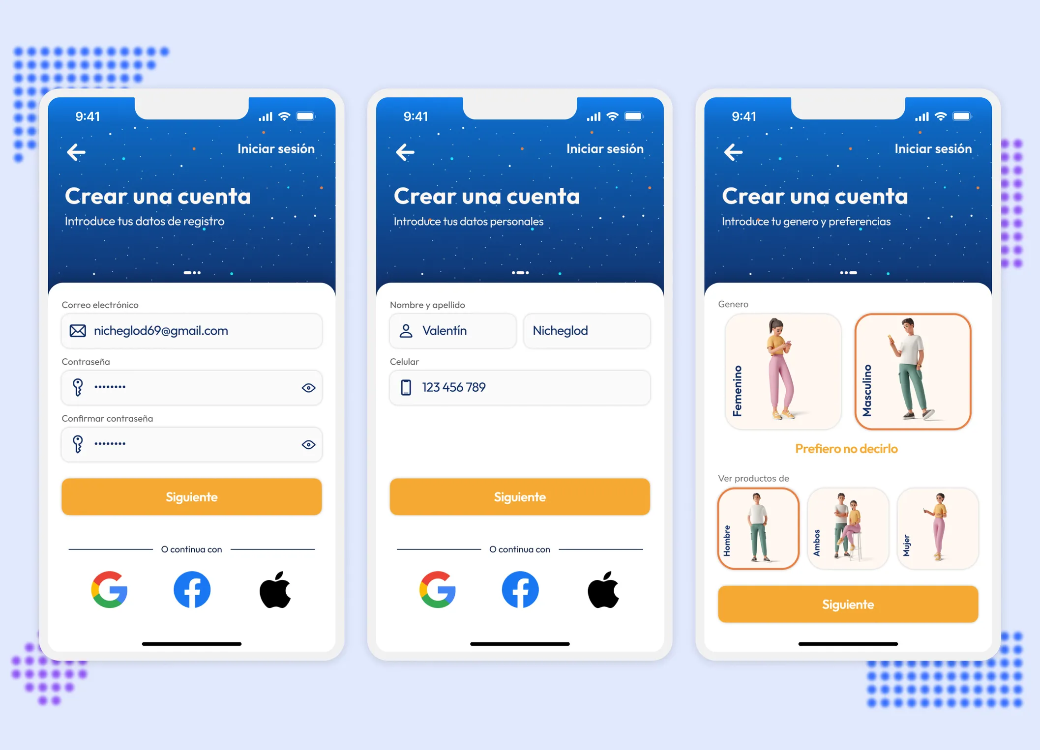 Mockup of the 'Login' section. Featuring a starry background and a welcome message for the user, below which is a white card with text fields for email and password, a button to log in, and another to reset the password.